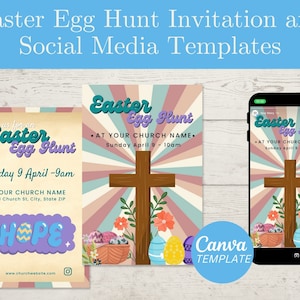 Church Easter Egg Hunt Invitation, Church Easter Postcard, Easter Social Media Post, Kids Ministry, Kids Club, Church Invite, Canva Template
