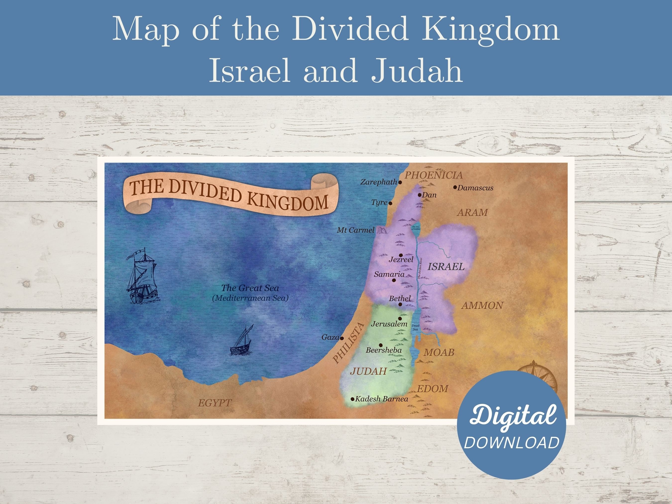 Biblical Map of Israel and Judah, the Divided Kingdom, Northern and