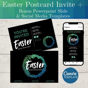 Invito alla chiesa di Pasqua, invito moderno per cartoline di Pasqua, post sui social media di Pasqua, domenica delle palme, venerdì santo, invito alla chiesa, modello Canva