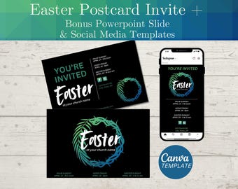 May include: A black and green Easter invitation postcard with a wreath of thorns and palm leaves. The text reads "You're Invited Easter at your church name".