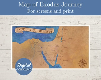 Biblical Map of Exodus Journey, Bible Map, Exodus out of Egypt, Map of Moses' Journey, Israelite Exodus, Old Testament Map, Screen Size