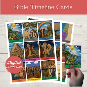 Puede incluir: Un conjunto de tarjetas de línea de tiempo bíblica con ilustraciones coloridas de escenas bíblicas que incluyen la Creación, la Caída, el Diluvio, Abraham, Isaac, Jacob, los 12 hijos de Jacob y José en Egipto, con una etiqueta roja Digital Download.
