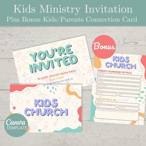 Convite de cartão postal para igreja infantil, convite para ministério infantil, convite para clube infantil, cartão bônus de conexão para crianças, convite para igreja, modelo Canva