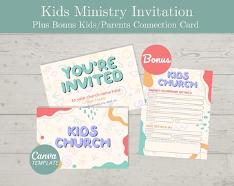 Kids Church Postcard Invitation, Kids Ministry Invitation, Kids Club Invite, Bonus Kids Connection Card, Church Invite, Canva Template