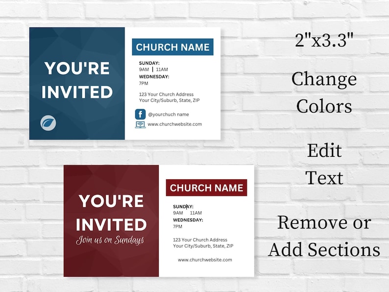 Puede incluir: Dos dise&ntilde;os diferentes para una tarjeta de invitaci&oacute;n a la iglesia. La primera tarjeta es azul con un dise&ntilde;o de hoja y el texto "You're Invited". La segunda tarjeta es roja con el texto "You're Invited Join us on Sundays". Ambas tarjetas incluyen el nombre de la iglesia, los horarios de los servicios, la direcci&oacute;n y el sitio web.