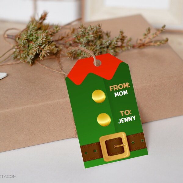 Editable Christmas Gift Tag, Elf Suit Favor Hang Tags For Holiday, Classroom Treat Note, Printable Custom Party, Customize Your Kraft Bag