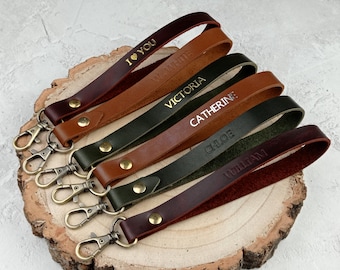 Leather Wristlet Strap, Personalised Lanyard Keyring, Clutch Wallet Strap, Leather Bag Strap, Keychain Key Fob Wristlet, Xmas Gift Her Him