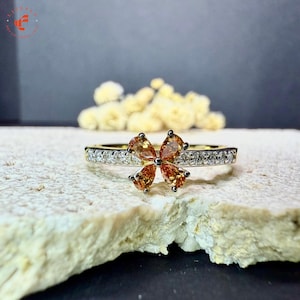 Lab Grown Diamond Engagement Ring Pear Cut Petals in Yellow Gold with Pavé Band Unique Floral Jewelry Gift
