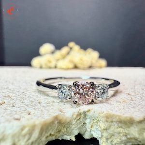 0.54 Carat pink color Round Cut Lab Grown Diamond Three Stone Solitaire Engagement Ring, 14K White Gold, CVD diamond, trilogy diamond ring