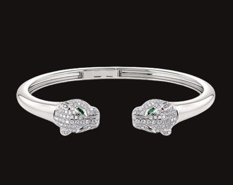 Panther Bangle Cuff Bracelet, Men's Diamond Bracelet, Leopard Bracelet, 14K Gold Bracelet, Unisex Bracelet, Animal jewelry