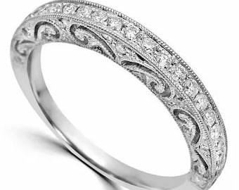 Wedding Band, Vintage Style Ring, 1.5Ct Simulated Diamond, 14K White Gold, Engagement Ring, Engraving Diamond Band, Wedding Matching Band