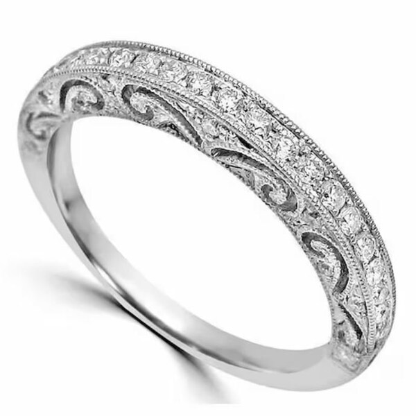 Ehering, Ring im Vintage-Stil, 1,5 Karat künstlicher Diamant, 14 Karat Weißgold, Verlobungsring, Gravur-Diamantband, passendes Hochzeitsband