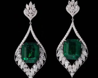 Pendientes colgantes de esmeralda, pendientes de boda largos, pendientes de esmeralda verde de 2,5 qt, oro blanco de 14 qt, pendientes colgantes de oro, regalos de boda para mujeres