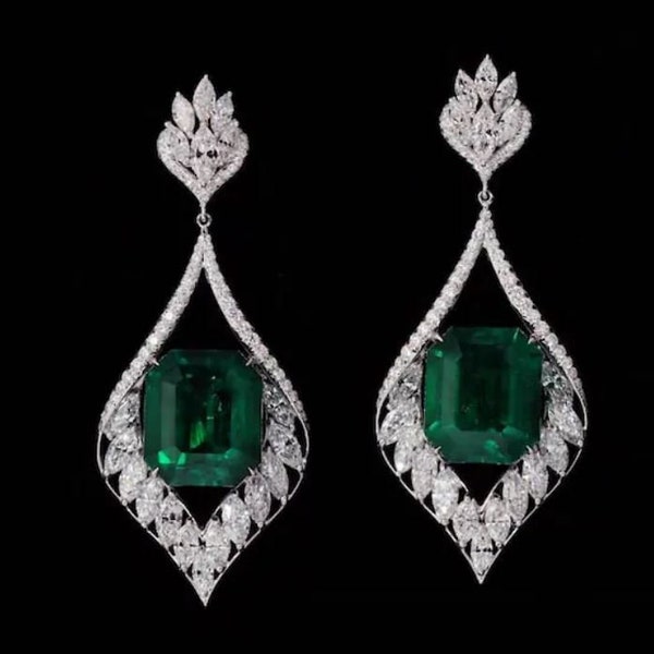 Emerald Drop Oorbellen, Lange Bruiloft Oorbellen, Groene Smaragd Oorbellen, 14K Wit Goud, Gouden Dangle Oorbellen, Huwelijksgeschenken voor vrouwen