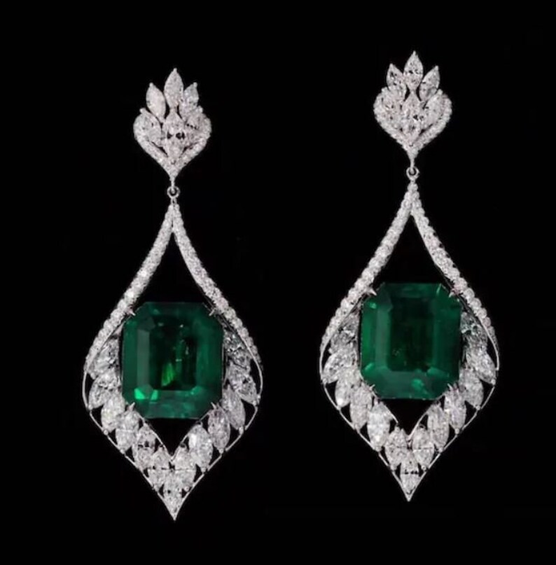 Emerald Drop Earrings, Long Wedding Earrings, Green Emerald Earrings, 14K White Gold, Gold Dangle Earrings, Wedding Gifts For Women