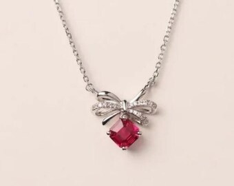 Bow Drop bruiloft ketting, kettingen voor vrouwen, 1.2Ct Asscher Cut Pink Ruby ketting, 14K wit goud, bruidsmeisjes geschenken, ketting met ketting