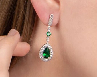 Emerald Dangle Drop Earrings, Wedding Earrings, Earrings For Women, 14K White Gold, Gold Dangle Earrings, Wedding Gifts, Earrings