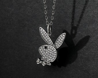 Collier lapin, plaqué or blanc 14 carats, pendentifs animal, diamant taille ronde 1,89 carat, collier sans chaîne, cadeau d'anniversaire, cadeau pour enfant