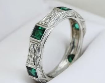 Engagement Ring, Full Eternity Wedding Bridal Band, Princess Cut Simulated Emerald, Filigree Inspired Wedding Band, Wedding Jewelry