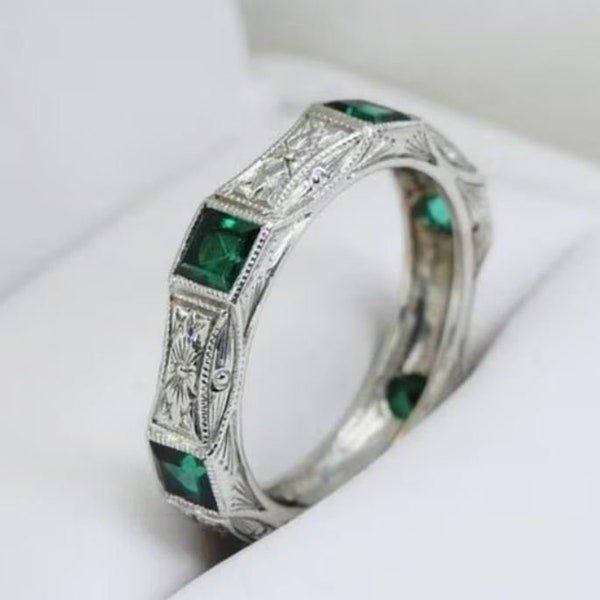 Engagement Ring, Full Eternity Wedding Bridal Band, Princess Cut Simulated Emerald, Filigree Inspired Wedding Band, Wedding Jewelry