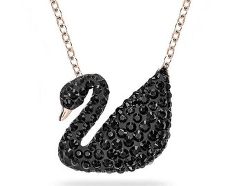 Swan Necklace, Bird Necklace, 1.32 Ct Round Cut Black Diamond Necklace, 14K Rose Gold Plated, Modern Pendant With Chain, Best Gift To Her