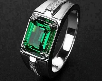 Men's Wedding Emerald Ring, Wedding Gifts, Emerald Engagement Ring, Engagement Wedding Band, 2 Ct Emerald Diamond, Gift Ring