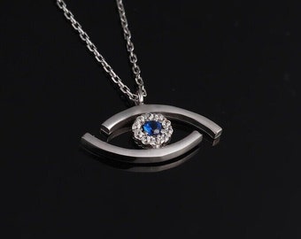 14K White Gold, Evil Eye Necklace, Halo Necklace, Bridesmaid Necklace Pendant, 1CT Round Blue Sapphire, Engagement Necklace Without Chain