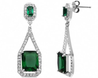 Emerald Dangle Drop Earrings, Wedding Earrings, 2.5 Ct Princess Cut Earrings, 14K White Gold, Gold Dangle Earrings, Wedding Gifts For Women