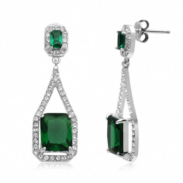 Emerald Dangle Drop Earrings, Wedding Earrings, 2.5 Ct Princess Cut Earrings, 14K White Gold, Gold Dangle Earrings, Wedding Gifts For Women