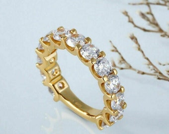 Bague de fiançailles, demi-anneau de diamants éternité, anneau de diamants ronds de 4 carats, plaqué or jaune 14 carats, alliance délicate, cadeaux personnalisés