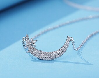 Collier lune et étoile, or blanc 14 carats, collier bijoux personnalisés, collier diamants 2,34 carats, collier de fiançailles avec chaîne, cadeaux pour elle