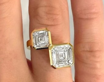 Abbigliamento da festa da donna Anello con due pietre, Anello con diamante da donna, Placcato in oro giallo 14K, Anello semplice con castone, Anello minimalista, Regali di nozze