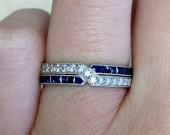 Wedding Band, Women Sapphire Band, Vintage Style Engagement Ring, 14K White Gold, Engraved Wedding Band, Eternity Band, Gift For Her