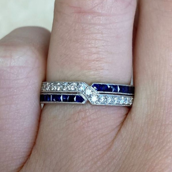 Wedding Band, Women Sapphire Band, Vintage Style Engagement Ring, 14K White Gold, Engraved Wedding Band, Eternity Band, Gift For Her