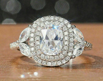 Anillo nupcial, anillo de diamantes de cojín de 2,6 quilates, conjunto de anillos de boda con vástago de hoja, joyería de novia, anillo de doble halo para regalo de aniversario, oro blanco de 14 quilates