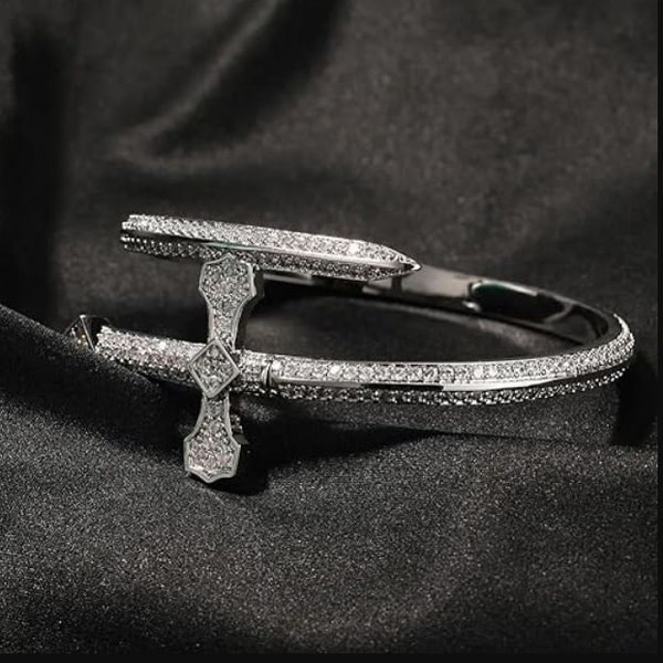 Herren-Diamant-Pave-Set-Armband, Pfeil-Bypass-Armband, 14K-Silberarmband, Diamant-Armband für Herren, Herrenarmband, Hochzeitsgeschenke für Männer