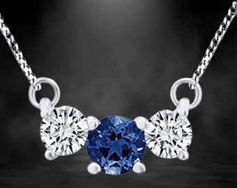 Three Stone Necklace, 14K White Gold, 3.5 Ct Sapphire & Diamond Pendant, Three Stone Necklace With Chain, Anniversary Gift, Valentines Gifts