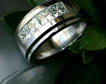 Anillo de compromiso, anillo para hombre de oro blanco de 14 quilates, banda de diamantes para hombre, conjunto de canales de diamantes princesa de 4,5 qt, anillo de boda para hombre, regalos del Día del Padre