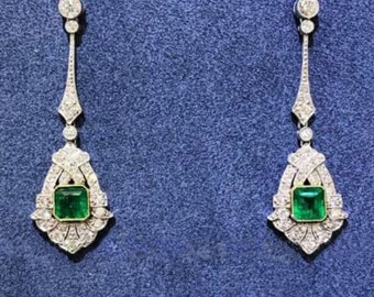 Oorbellen, bruiloft oorbellen, 3,12 CT groene smaragd oorbellen, 14K wit goud, bruidsoorbellen, zilveren sieraden, lange oorbellen