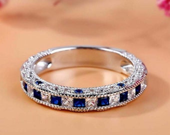 Wedding Ring, Sapphire Ring, Engraving Diamond Band, 1.5Ct Princess Sapphire, 14K White Gold, Engagement Band, Wedding Matching Band