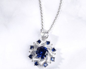 Freizeitkleidung-Halskette, Halo-Halskette/Anhänger, 1,82 ct blaue Saphir-Halskette, 14 K Weißgold, Cluster-Halskette ohne Kette, Valentinstagsgeschenke