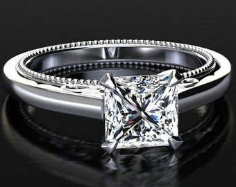 Unique Engagement Ring, 2 Ct Princess Diamond, 14K White Gold , Hidden Diamond Wedding Ring, Fancy Anniversary Rings For Women, Gift For Her
