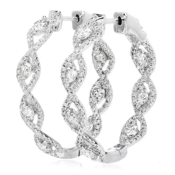 4.2 Ct Diamond Earrings, Twisted Diamond Hoop Earrings, 14K White Gold, Infinity Huggie Hoop Earrings, Bridal Earrings, Anniversary Gifts