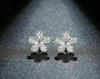 Botanical Earrings, Delicated Petals Earrings, 14K White Gold, Flower Stud Earrings, 2.25CT Diamond Earrings, Valentine's Day Gift For Wife