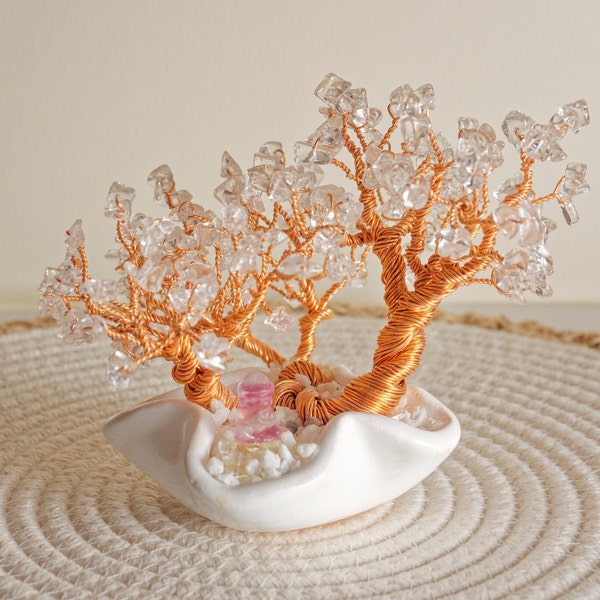 Arbre de vie, arbre harmonie, en cristal de roche et aluminium, pot en céramique, 12cm /15cm