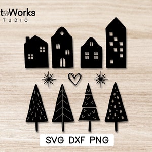 Houses SVG plotter file - House silhouette - Cristmas tree - Cricut file PNG DXF - cutting files, plotter file, plott - Christmas