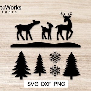 May include: Black silhouette of three deer with antlers, standing on a snowy hill with three pine trees and snowflakes. The text "SVG DXF PNG" is at the bottom of the image.