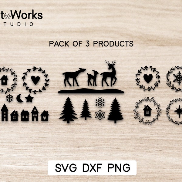 Houses SVG plotter file - Deer silhouette - Cristmas wreath - Cricut file PNG DXF - cutting files, plotter file, plott - Christmas
