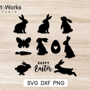 May include: A set of 10 black silhouette SVG cut files featuring bunnies, a butterfly, a carrot, an egg, and the text "Happy Easter".
