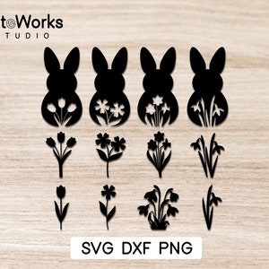 Fichier de plottage SVG Pâques - Silhouette de lapin - Traceur de fleurs de printemps - Cricut - PNG DXF - Fichiers de découpe, Fichier de plottage, Bundle, lapin de Pâques